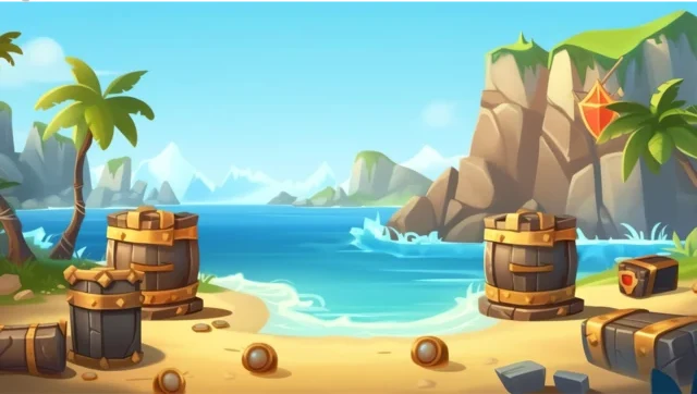Sandy beach with barrels and palm trees