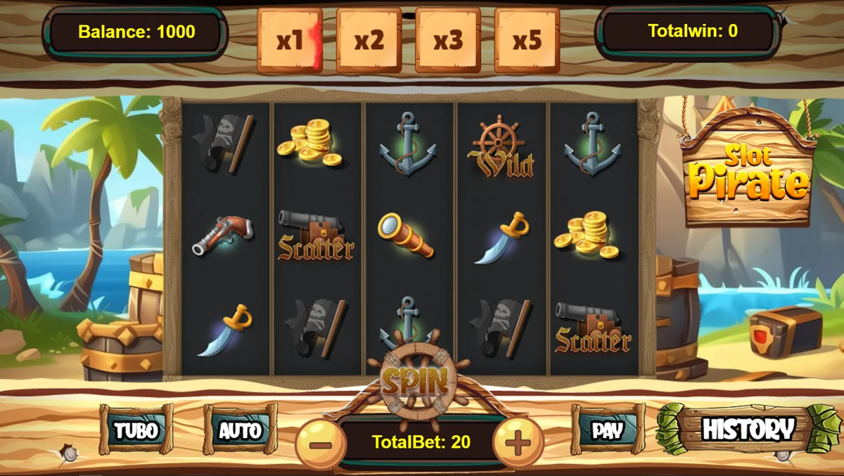 Slot Pirate game screen with five reels of pirate symbols on a sunny beach Slot Pirate game screen with five reels of pirate symbols on a sunny beach