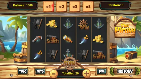Slot Pirate screen showing balance, bet and spin wheel Slot Pirate screen showing balance, bet and spin wheel